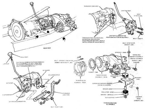 1979 Ford Bronco - Technical diagrams illustrate the assembly and parts of a vehicle's transfer case and transmission system.