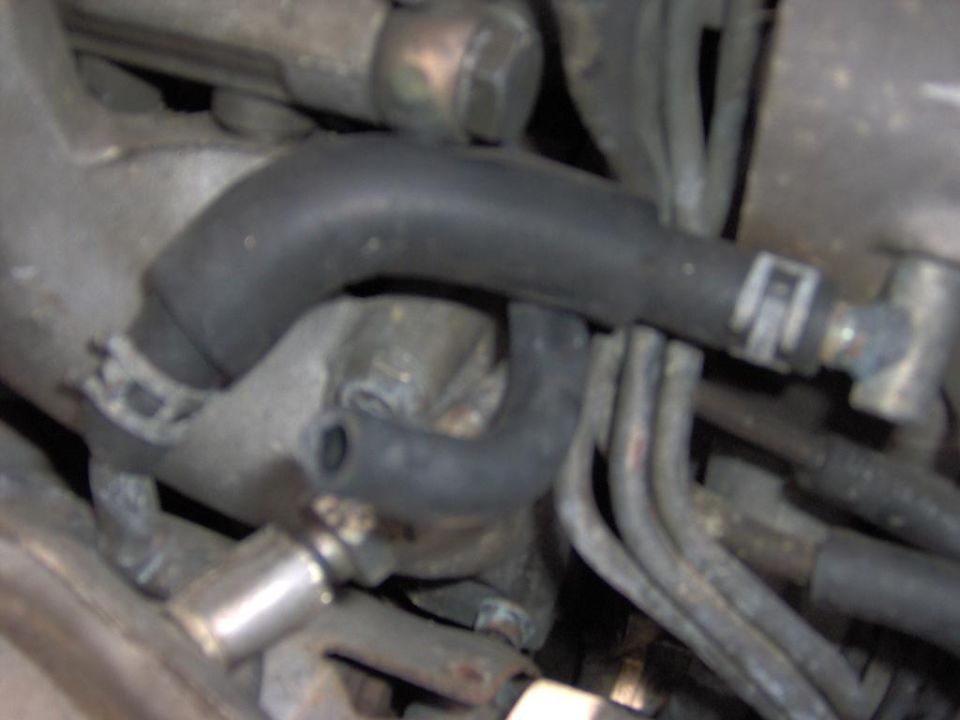Blurry close-up of black rubber hoses and clamps in an engine bay, one hose disconnected