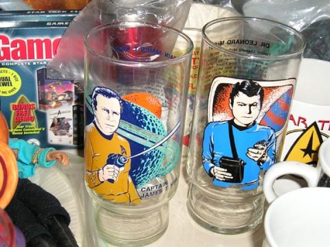 1984 Pontiac Fiero - Two Star Trek glasses Captain Kirk and Spock are displayed next to a Star Trek game box.