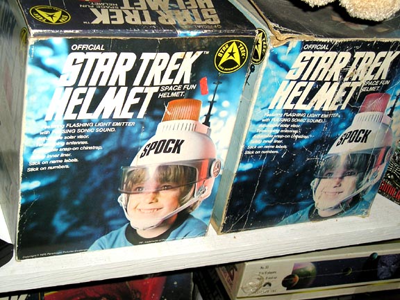 Two boxes for Official Star Trek Space Fun Helmets, one showing a child wearing a Spock helmet