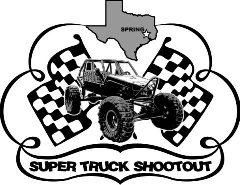 1993 Ford Bronco - Graphic depicts an off-road buggy with checkered flags and a Texas outline, promoting a 'Super Truck Shootout'.