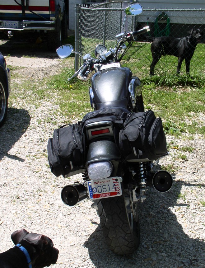 Rear of a silver cruiser motorcycle with saddlebags parked on gravel