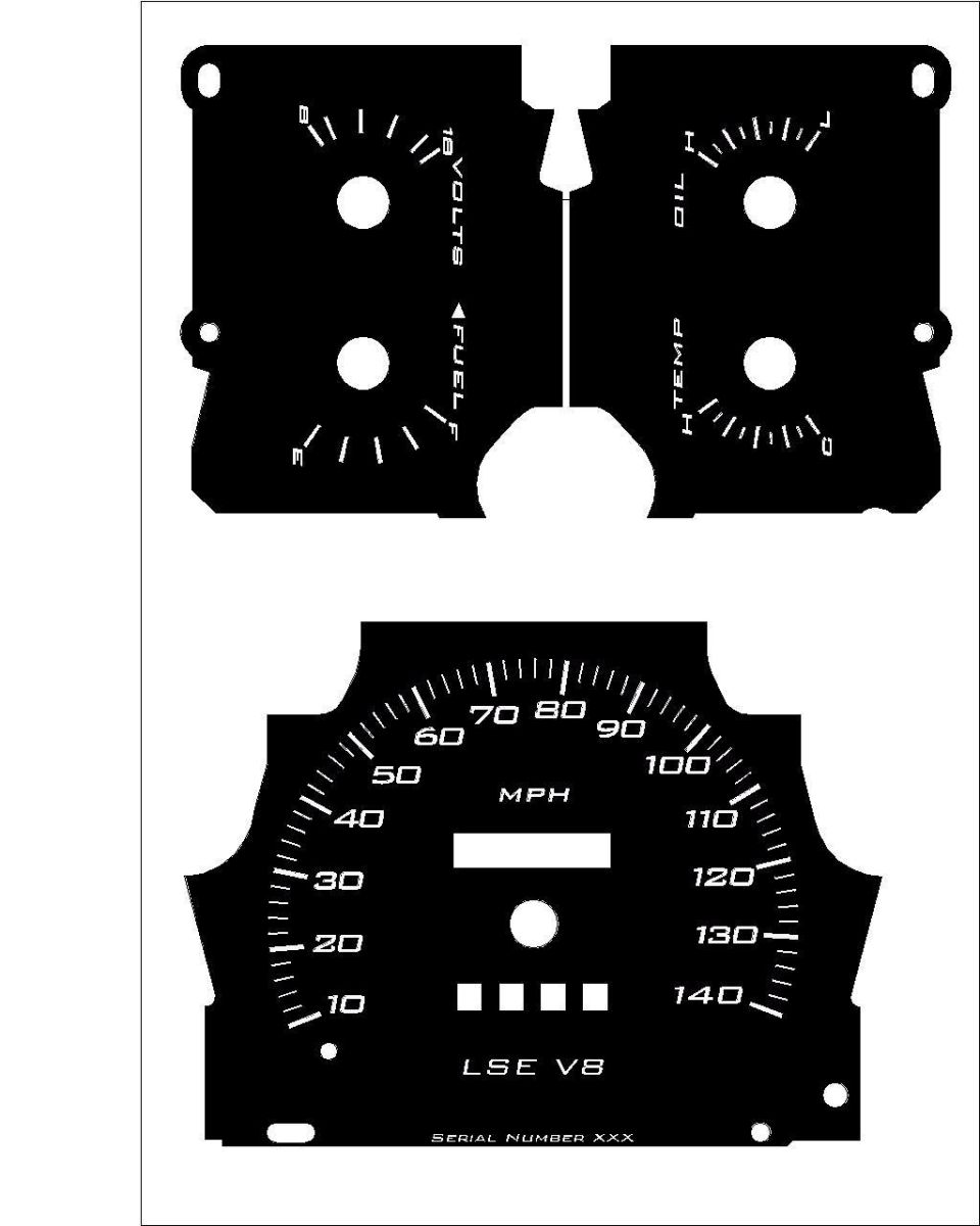 Black custom gauge faces: fuel/volts/oil/temp cluster and a 140 MPH speedometer marked LSE V8.