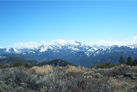 1986 Ford Bronco - A wide view of snow-covered mountains under a clear blue sky, with dry brush in the foreground.