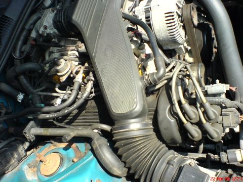 1994 Ford Thunderbird - Close-up view of an engine bay, showing various components including spark plug wires and the alternator.