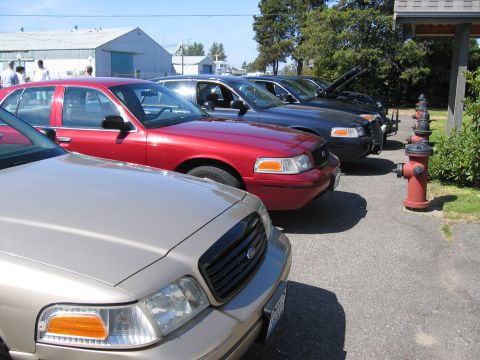 1999 Ford Crown Victoria - A line of Ford Crown Victorias are parked outside a building on a sunny day.