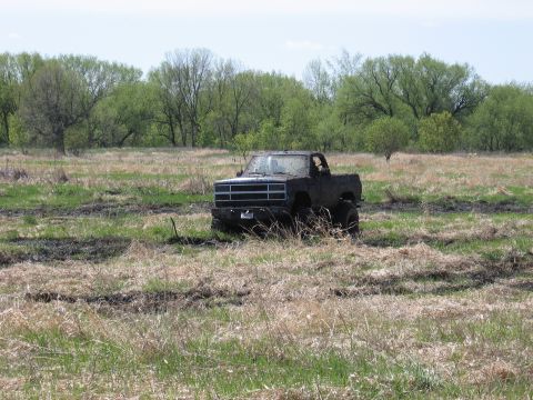 1977 Ford F-150 - A heavily muddied pickup truck is stuck in a field with trees in the background.