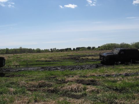 1977 Ford F-150 - Two vehicles are stuck in a muddy field under a partly cloudy sky.