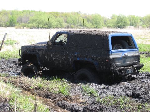 1977 Ford F-150 - SUV is deeply stuck in mud, with only the top half visible.