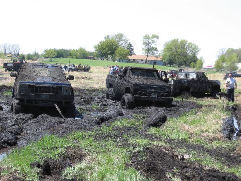 1977 Ford F-150 - Several trucks are stuck in thick mud during an outdoor event.