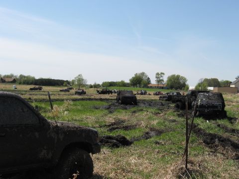 1977 Ford F-150 - Multiple vehicles are stuck in a muddy field during an event.