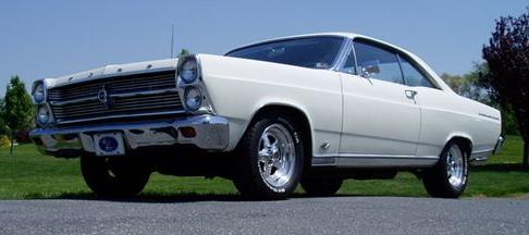 1966 Ford Fairlane coupe, white exterior, chrome grille and bumpers, aftermarket wheels