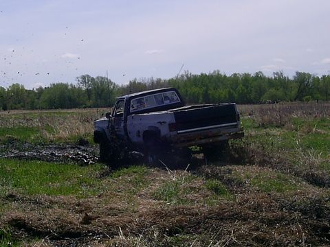 1994 Ford F-250 - Pickup truck stuck in mud during off-road activity.