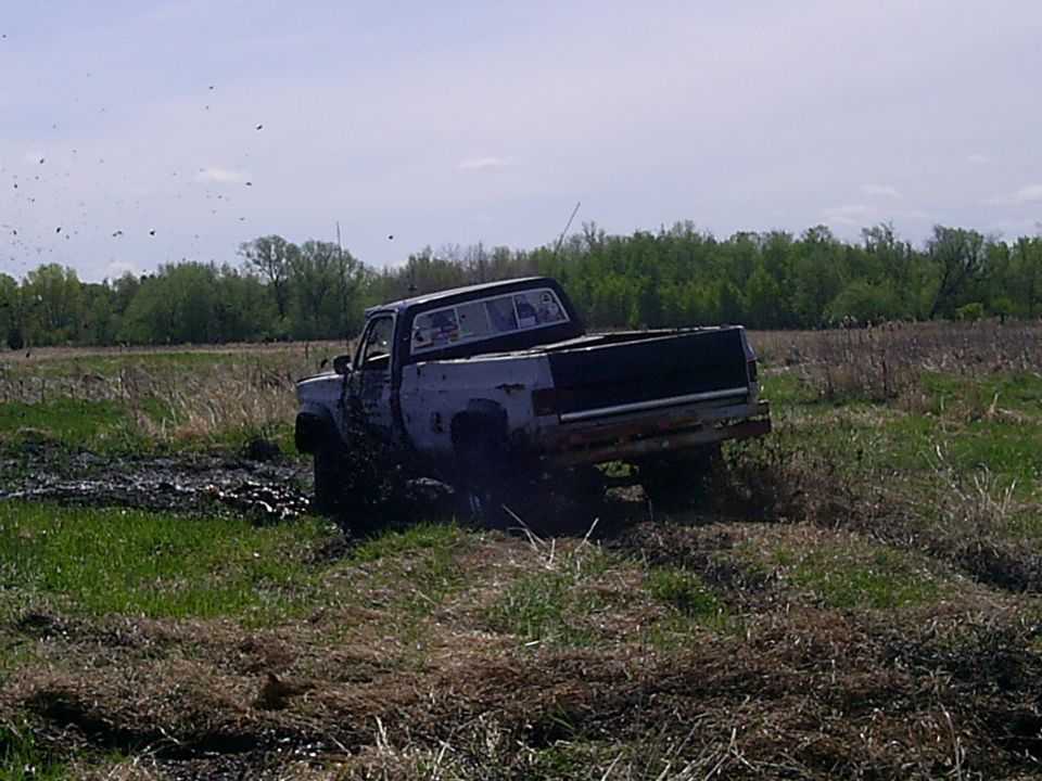Pickup truck stuck in mud, rear view
