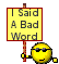 1996 Ford Crown Victoria - A cartoon smiley face with sunglasses holds a sign stating it said a bad word.