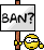 1996 Ford Crown Victoria - A smiley face character holds a sign with the text 'BAN?' written on it.