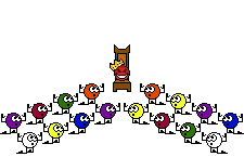1996 Ford Crown Victoria - A group of colorful cartoon characters observe a crowned demon seated on a throne against a black background.