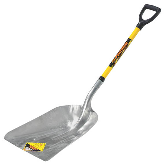 Yellow handled shovel with a metal scoop and a black D-grip