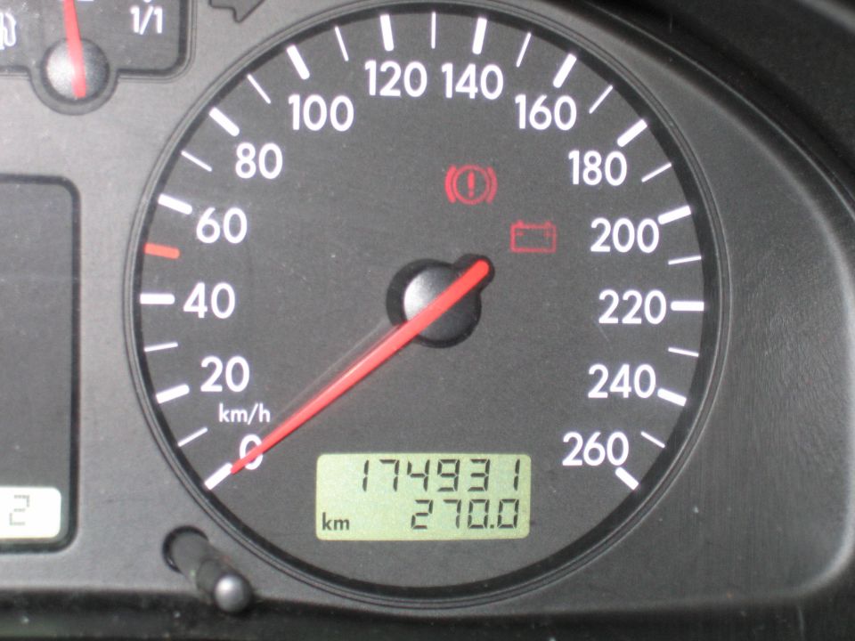 Car instrument cluster speedometer in km/h reading 174931 km on the odometer