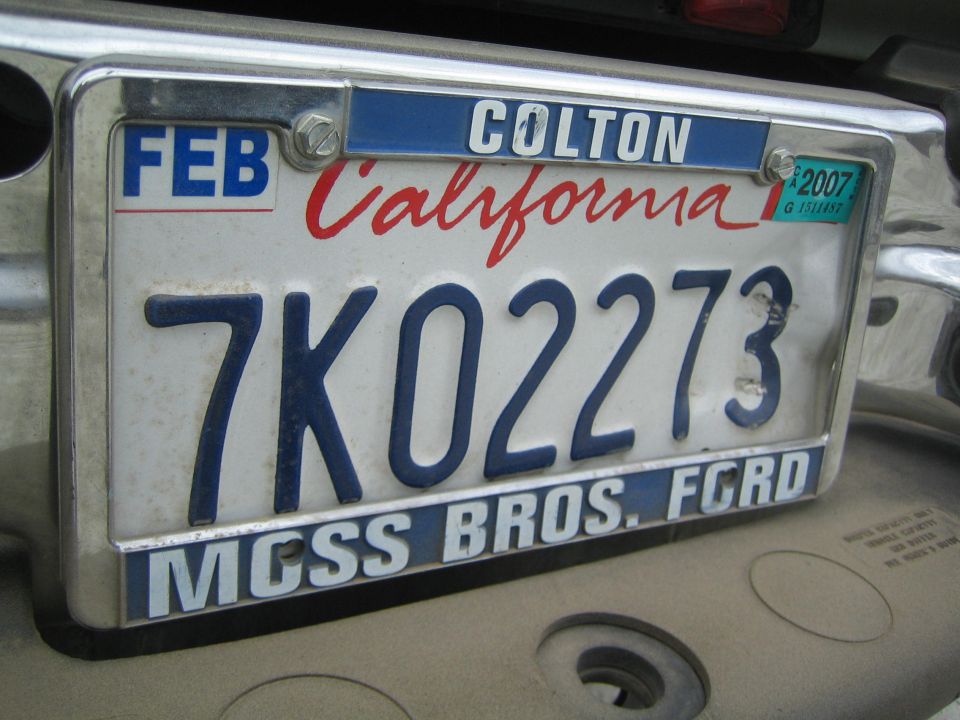California license plate 7KO2273 in Moss Bros. Ford frame, 2007 sticker