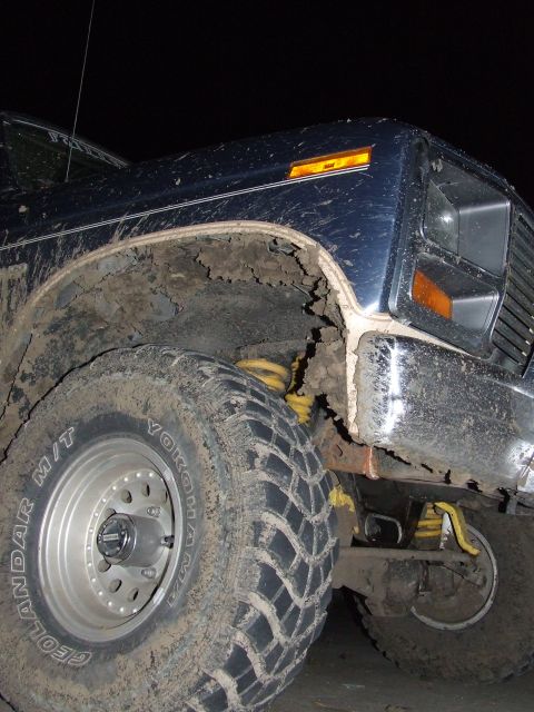 1986 Ford Bronco - A muddy blue Ford Bronco is shown from the front quarter angle, with visible suspension parts.