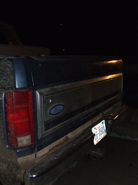 1986 Ford Bronco - The rear of a dark blue pickup truck, likely from the mid-1980s, is visible with chrome accents and a license plate.