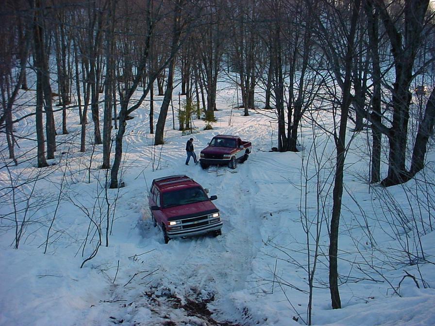 Two red SUVs driving on a snowy, wooded path. One SUV is in the foreground, the other is further up the path