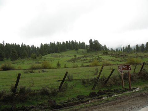 1994 Ford C-350 (Centurion Conversions) - Directional signs indicate routes to High Valley and Banks in a rural, green landscape under an overcast sky.
