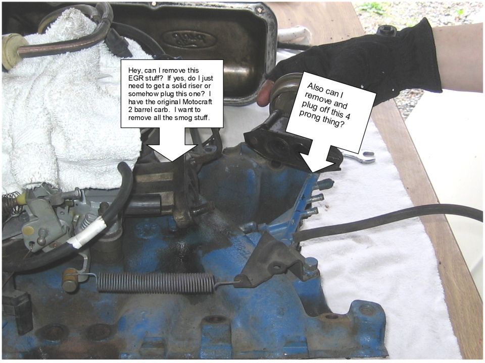 Close-up of engine parts, including a carburetor and intake manifold, with text bubbles asking about EGR removal and a plug