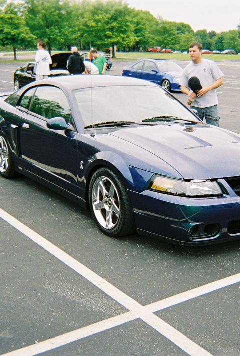 1991 Ford Probe - Dark blue Ford Mustang parked in a lot with other vehicles and people around.