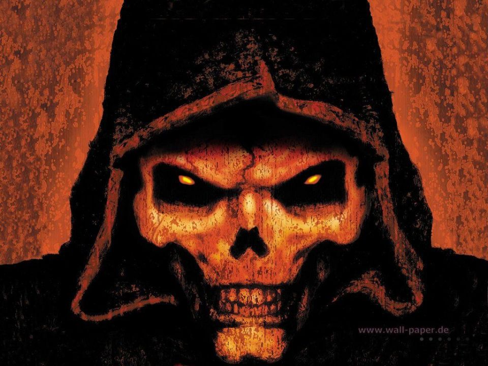 Diablo II video game wallpaper of a hooded skull with glowing eyes; not a vehicle photo