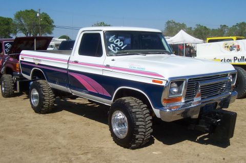 1994 Ford F-150 - This lifted pickup truck features a distinctive blue and white paint scheme with pink racing stripes and "6001 RS" written on the windshiel…