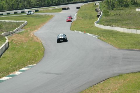 1993 Ford Mustang - Cars compete on a winding race track with trees and barriers lining the course.