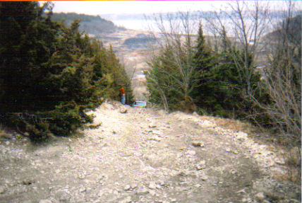 1986 Ford Bronco - A white SUV is parked on a dirt road, with a person standing nearby. The scene overlooks a valley.