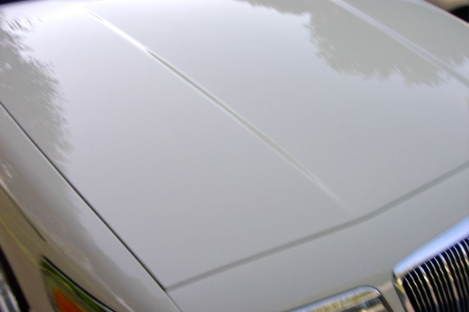 Close-up of white car hood with tree reflections and chrome grille at lower right