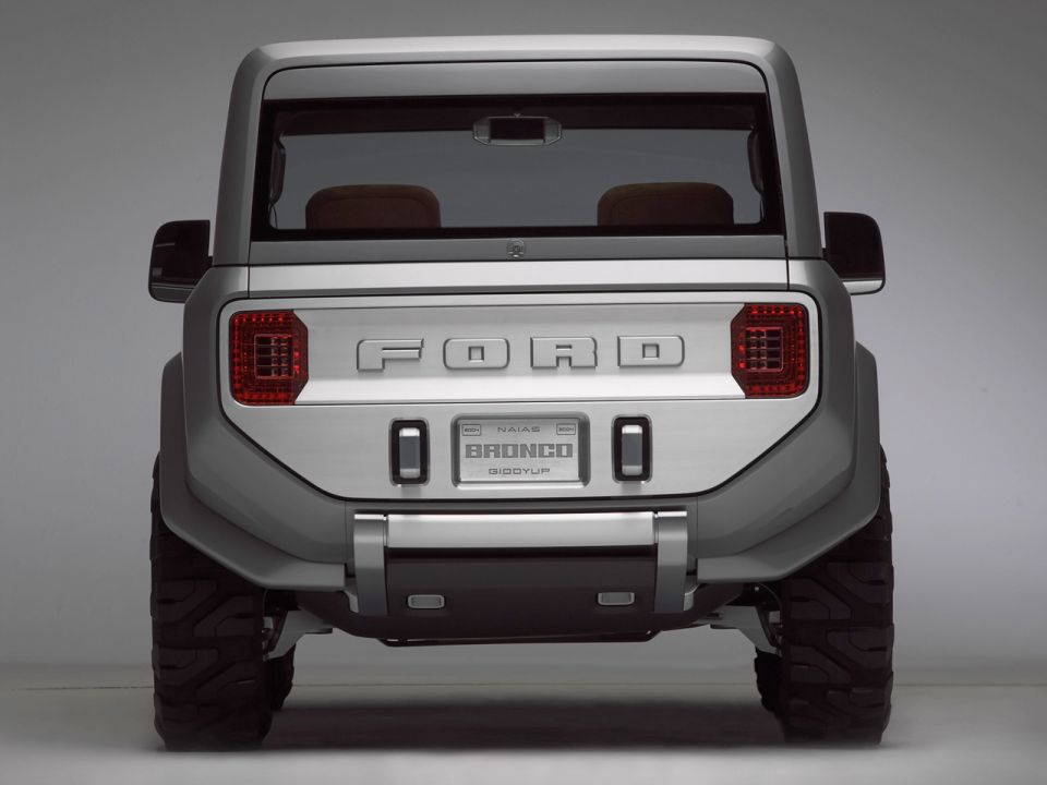 Silver Ford Bronco Concept rear view with embossed FORD tailgate and NAIAS plate