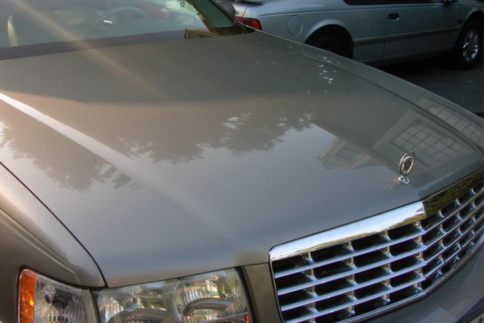 Champagne-gold luxury sedan hood close-up with chrome eggcrate grille and hood ornament