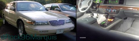1996 Mercury Grand Marquis - A beige 1996 Mercury Grand Marquis is shown from the front, with another car behind it and a view of the interior.