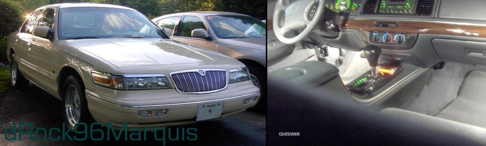 Gold Mercury Grand Marquis sedan exterior and wood-trim interior split photo