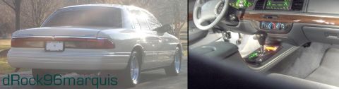 1996 Mercury Grand Marquis - The rear of a 1996 Mercury Grand Marquis is shown alongside a view of its interior, highlighting the dashboard and center console.