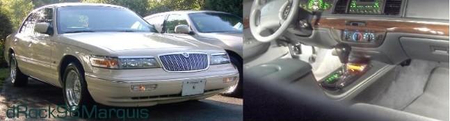 Split view of gold full-size sedan: 3/4 front exterior and tan interior with green-lit dash