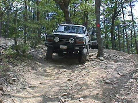 1996 Ford Bronco - A black Ford Bronco navigates a wooded trail, with another vehicle visible in the background.