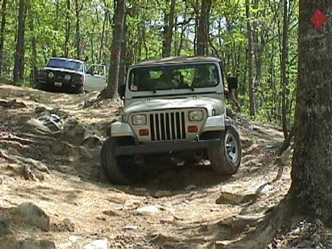1996 Ford Bronco - Two SUVs navigate a challenging, wooded off-road trail with rocky terrain.