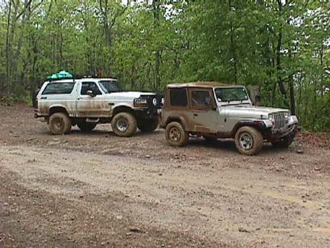 1996 Ford Bronco - A white 1996 Ford Bronco and a Jeep Wrangler are parked on a dirt road surrounded by trees.