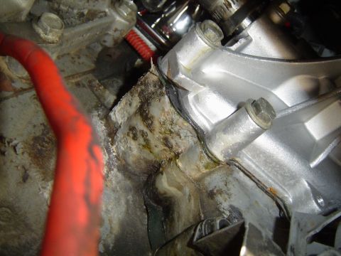 1989 Ford Bronco - The water pump gasket shows signs of leakage and corrosion, indicating a potential maintenance issue.
