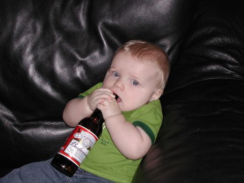 1998 Jeep TJ - Baby holding a Budweiser bottle to its mouth while sitting on a black leather couch.
