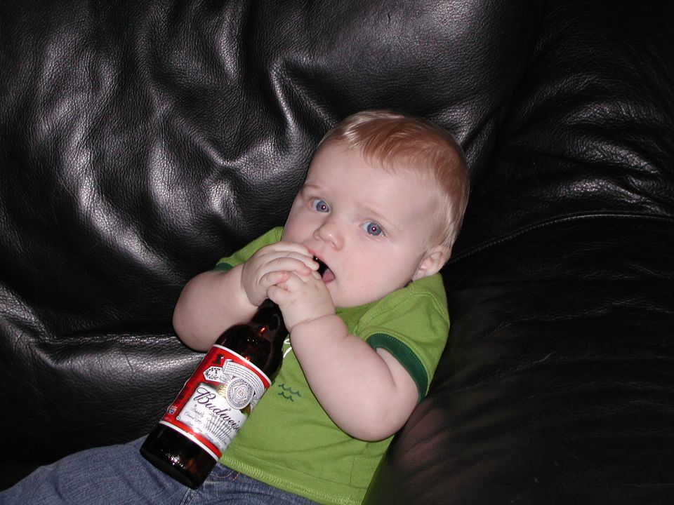 Baby in green shirt holding a Budweiser bottle to its mouth, sitting on a black leather couch