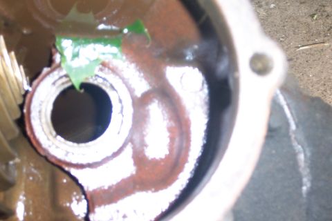 1978 Ford Bronco - A close-up view of a rusty engine component, possibly from a 1978 Ford Bronco, shows a fragment of a green leaf.