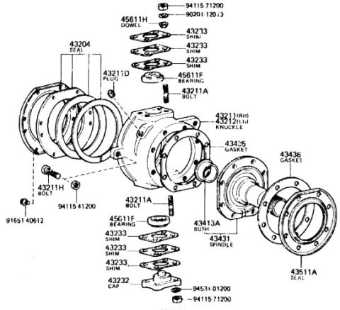 1987 Suzuki Samurai - Diagram shows various components of a vehicle axle assembly, including seals, bolts, bearings, and gaskets.