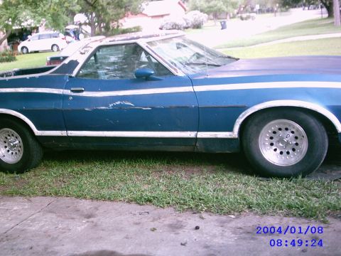 1972 Ford Ranchero - Side profile of a blue 1972 Ford Ranchero with a white stripe and custom wheels.